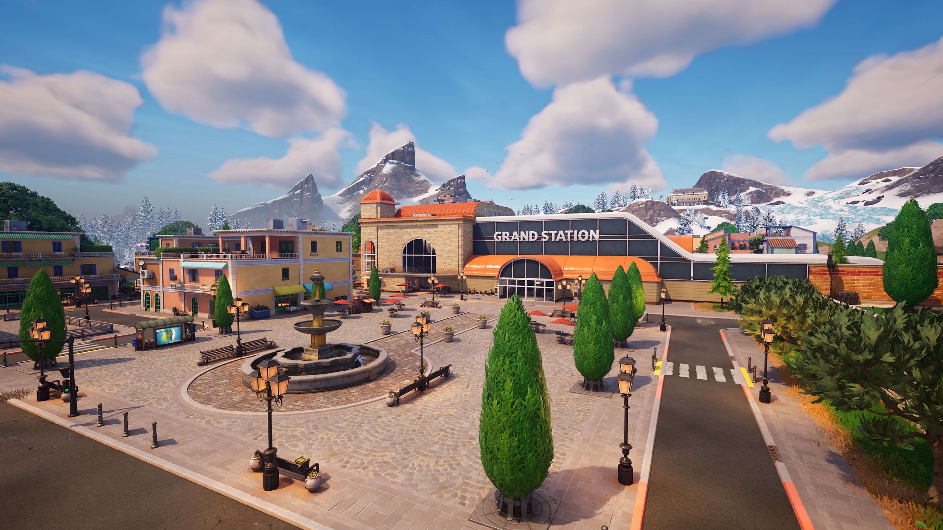 Fortnite’s Grand Station, an open plaza with trees, buildings, and a railway. 