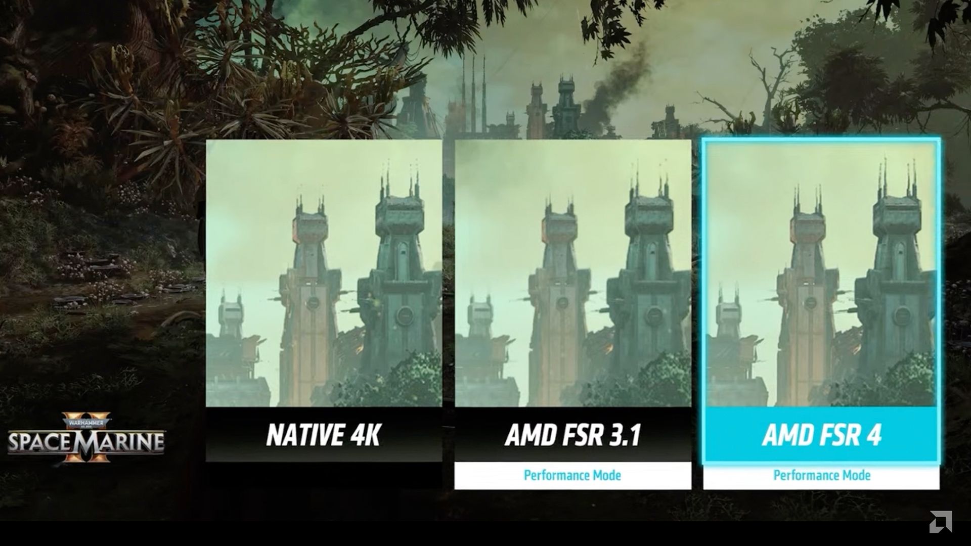 Comparison of FSR 4, FSR 3.1, and native 4K in Space Marine.