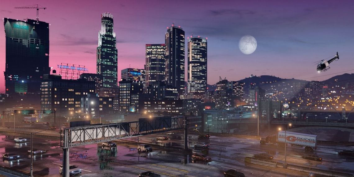 Shot of the many skyscrapers, freeways, and more in GTA V