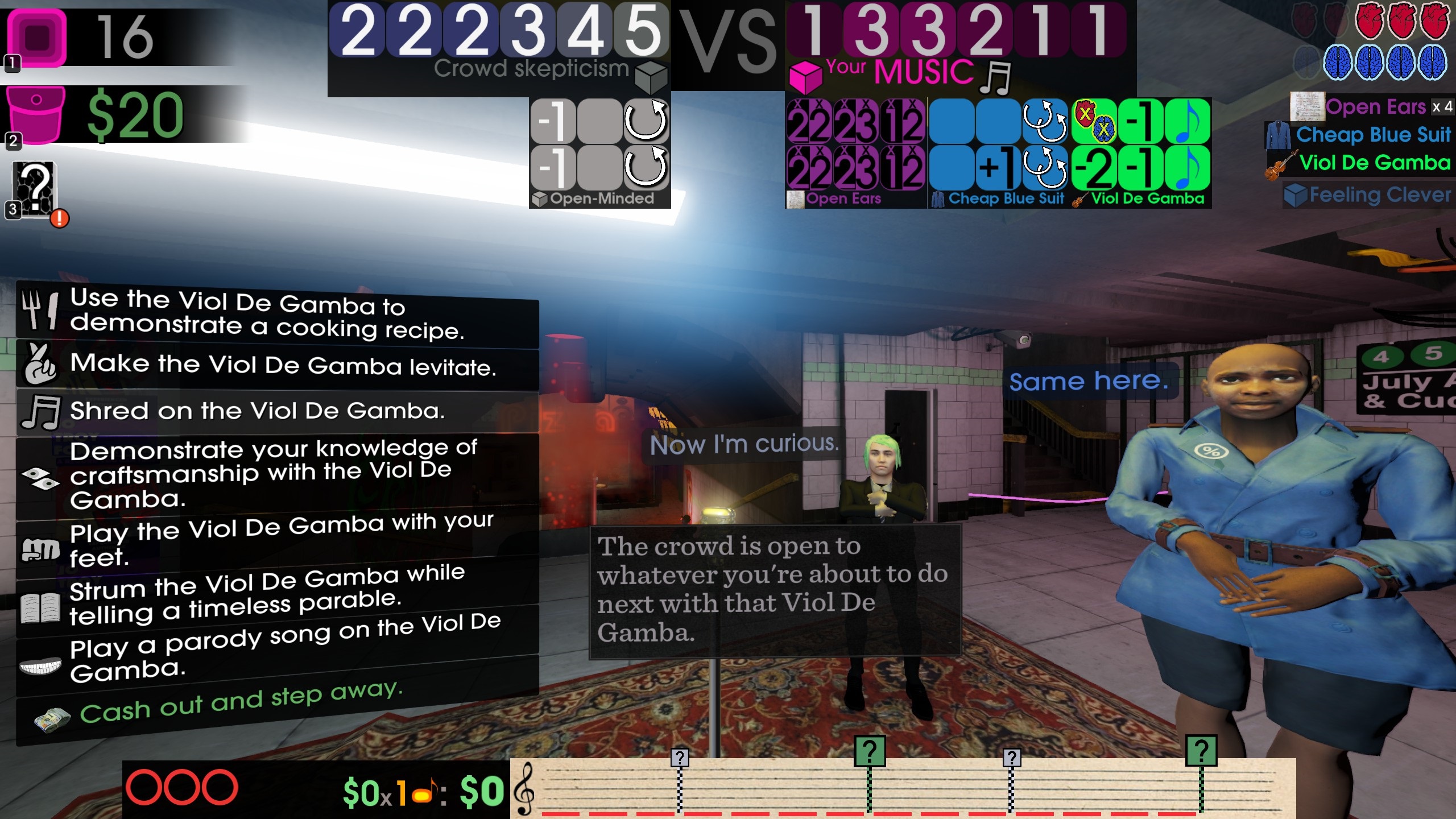 View of the complex music performance roguelike mode in Moves of the Diamond Hand