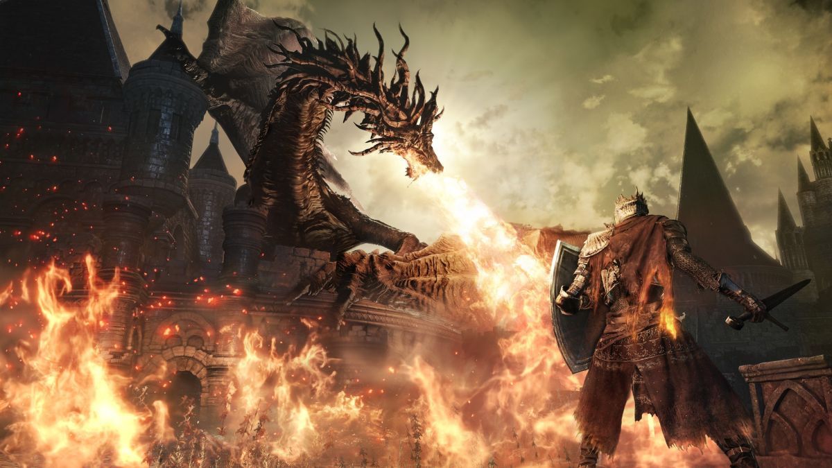 Dark Souls 3 player fighting a dragon.