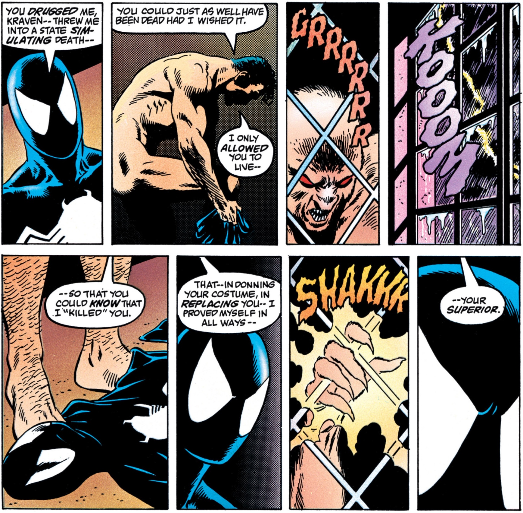 Spider-Man (wearing his black symbiote costume) rages at Kraven for drugging him and burying him alive in Amazing Spider-Man #294. “You could just as well have been dead had I wished it,” Kraven answers, disrobing from his own copy of Spider-Man’s costume. “I only allowed you to live so that you could know that I ‘killed’ you. That in donning your costume, in replacing you, I proved myself in all ways your superior.“