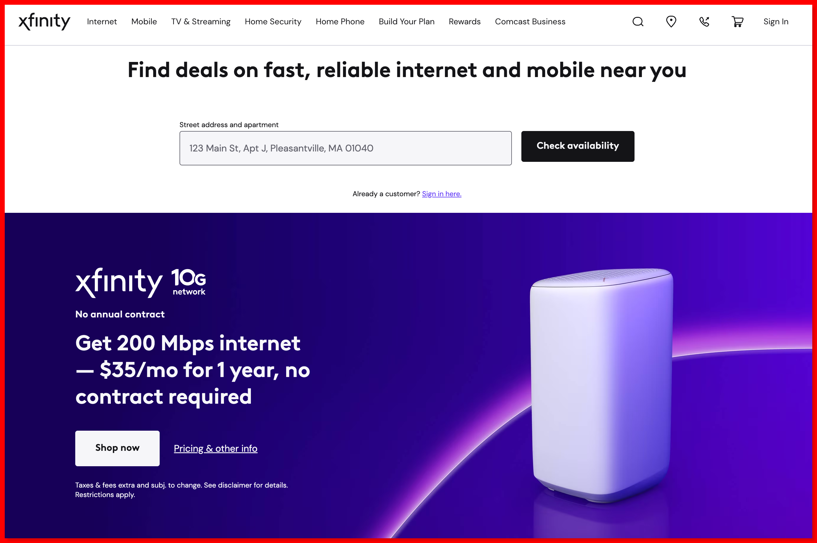 XFinity Home page