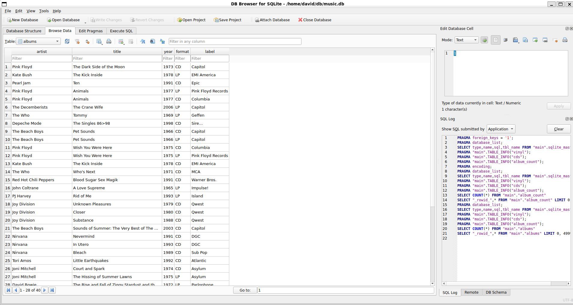 The DB Browser GUI showing the albums table.