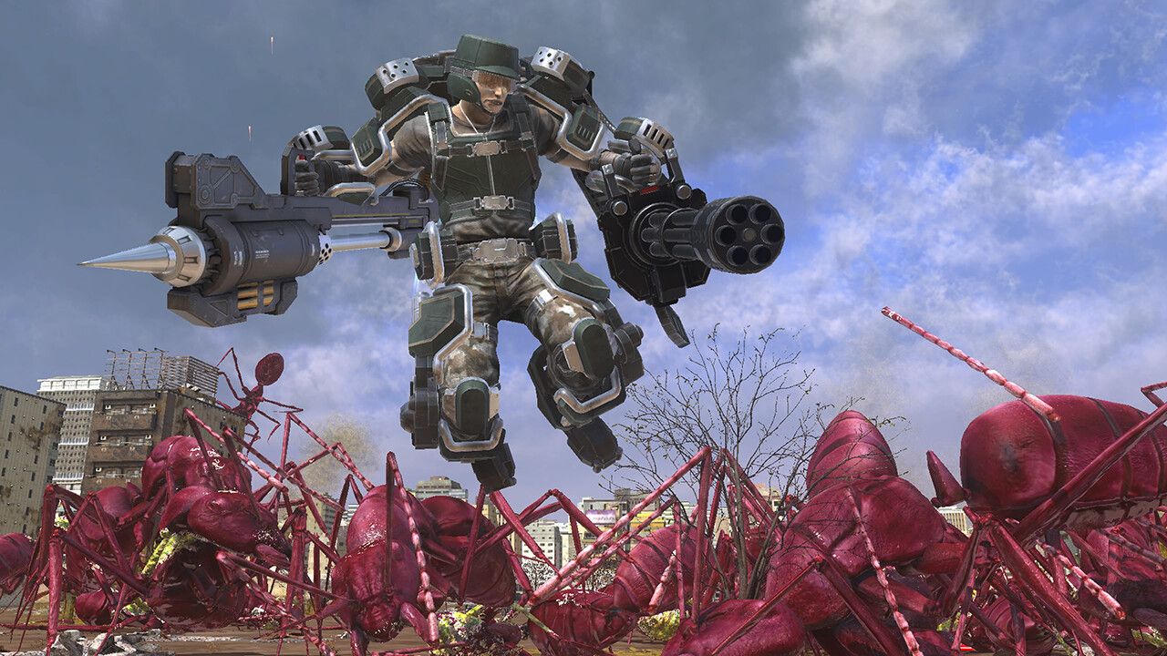 A soldier fighting an army of giant ants in Earth Defense Force 6.