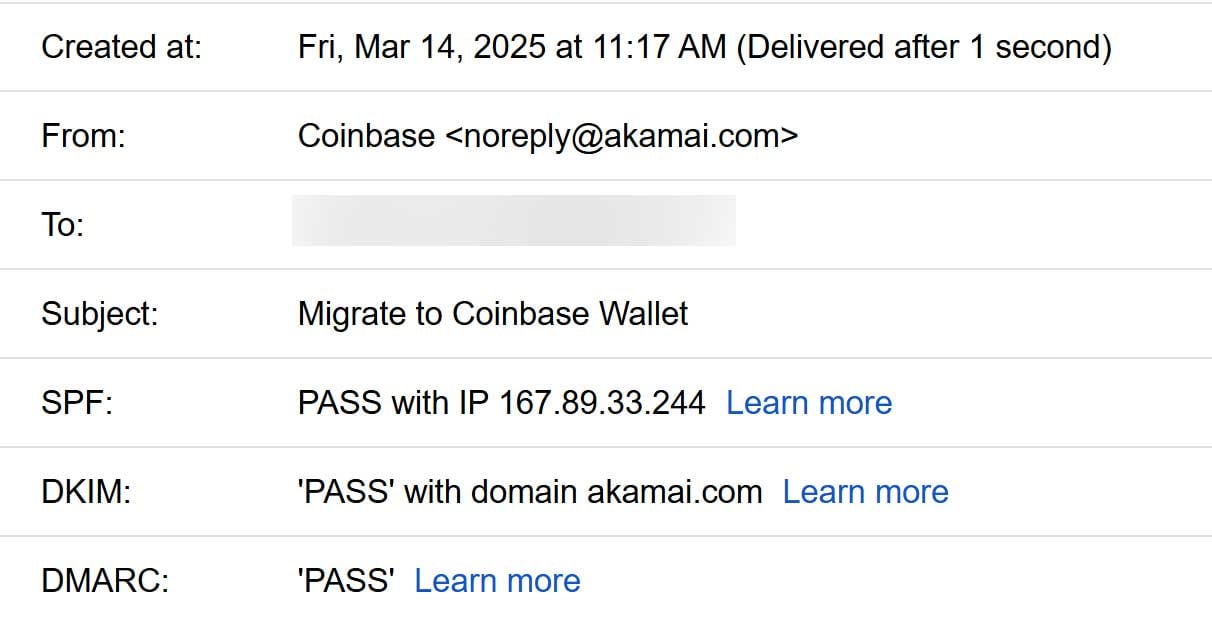 Coinbase phishing email passing email security checks