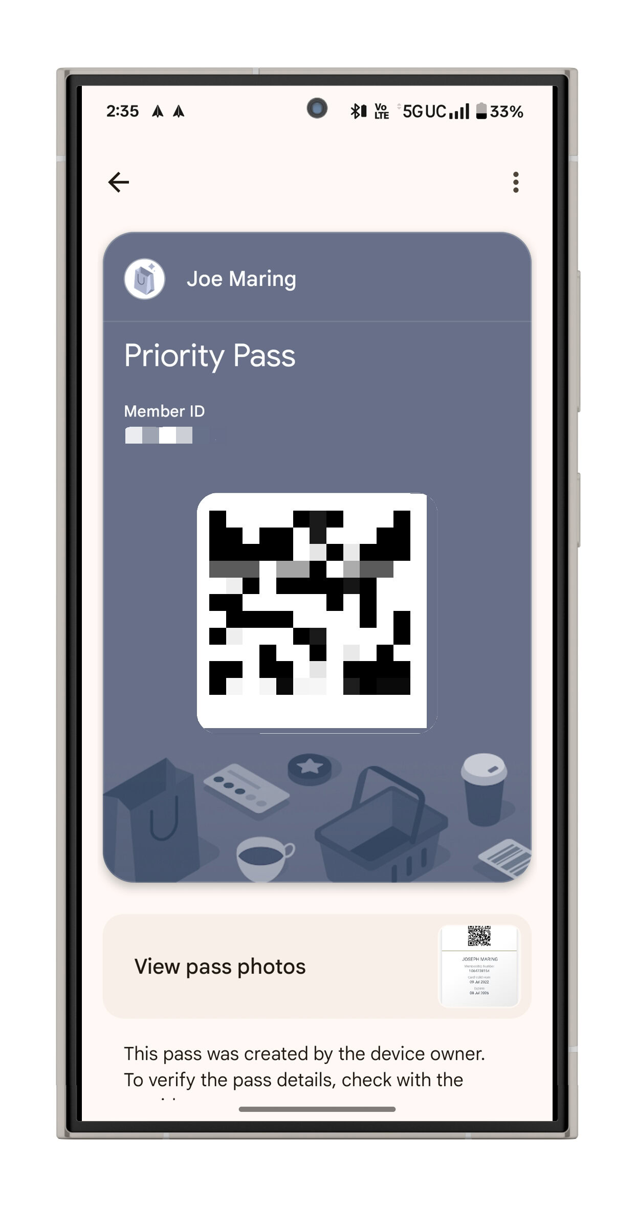 Custom pass in Google Wallet.