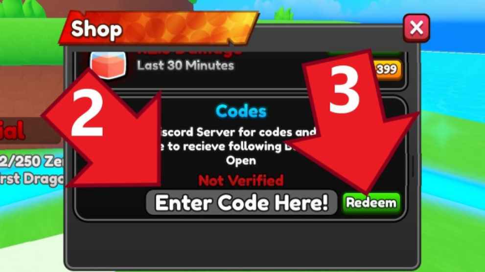 Button Anime code redemption screen in the Shop window