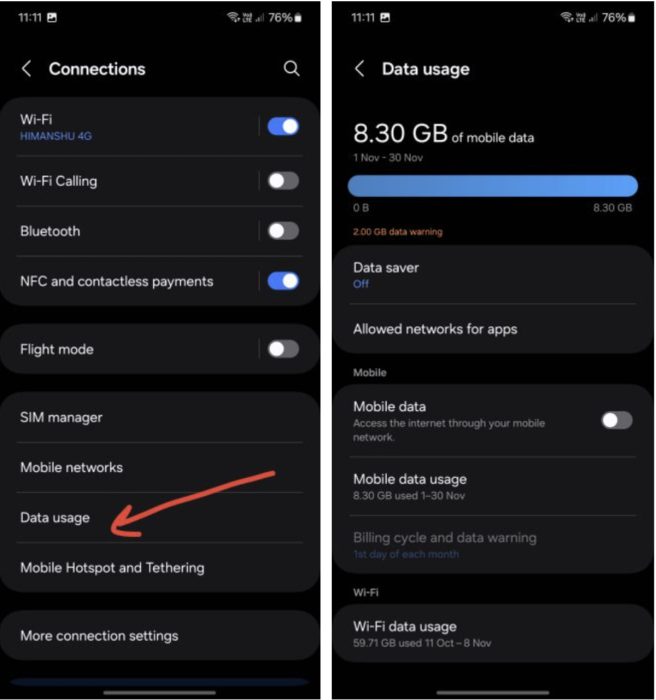 Data Usage Screenshot to know if someone is tracking your phone