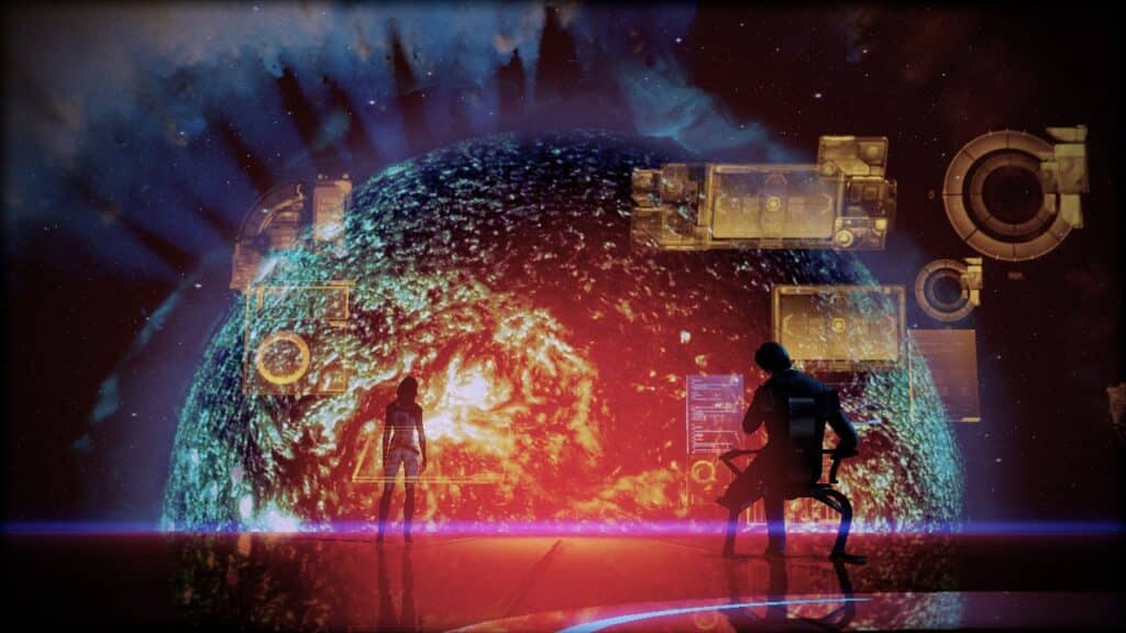 The iconic shot at the start of Mass Effect 2, showing the Illusive Man and Miranda, at the Cerberus base overlooking the sun with two distinct colors.Mass Effect 2 is probably one of the best PS3 RPG games.