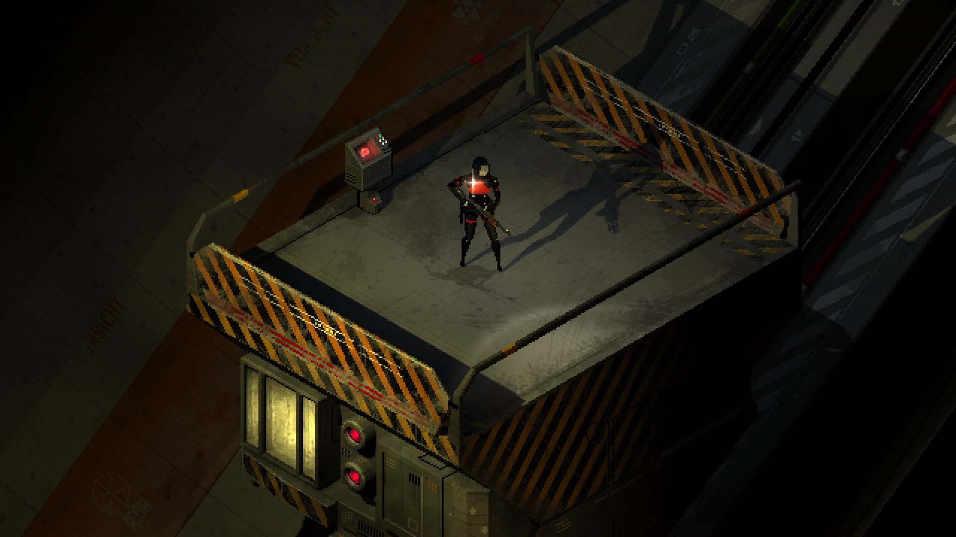 Offical Signals screenshot showing the character on a cargo escalator.