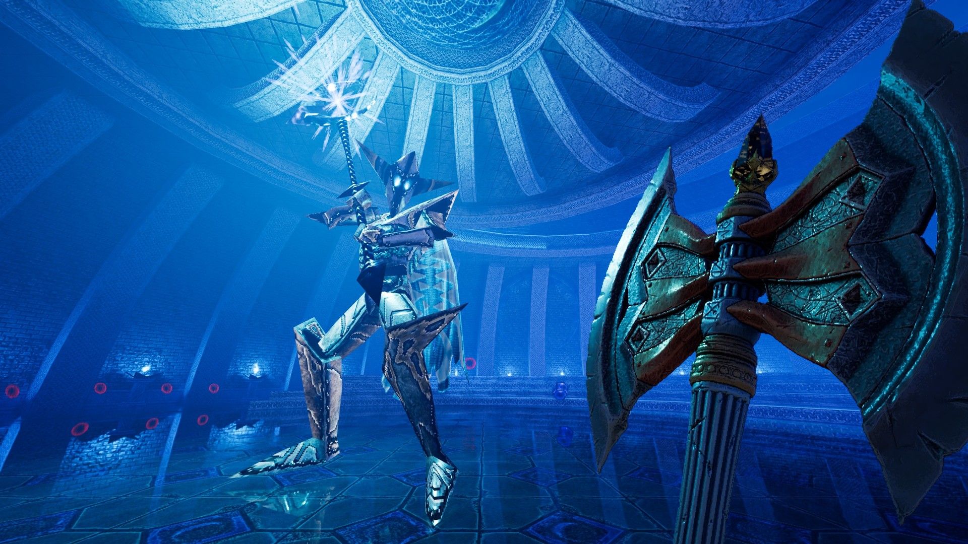 Official screenshot for Amid Evil showing the player about to take on a large undead knight.