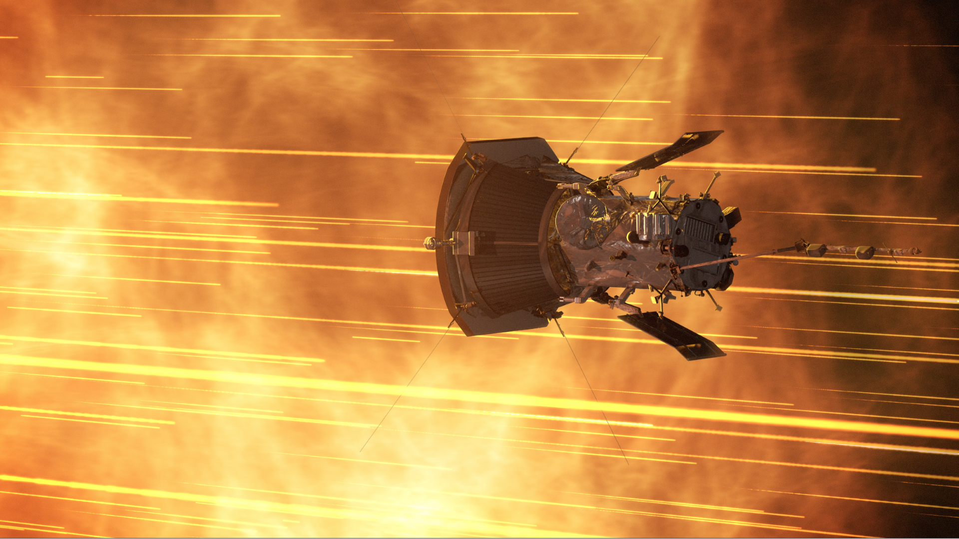 The NASA Parker Solar Probe soaring through space with light in the background.