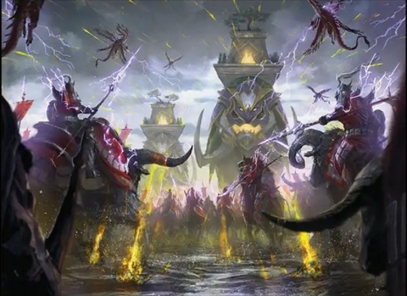 A wartorn battlefield with wizards riding on beasts charging towards a gigantic tusked monster covered in armored plates.