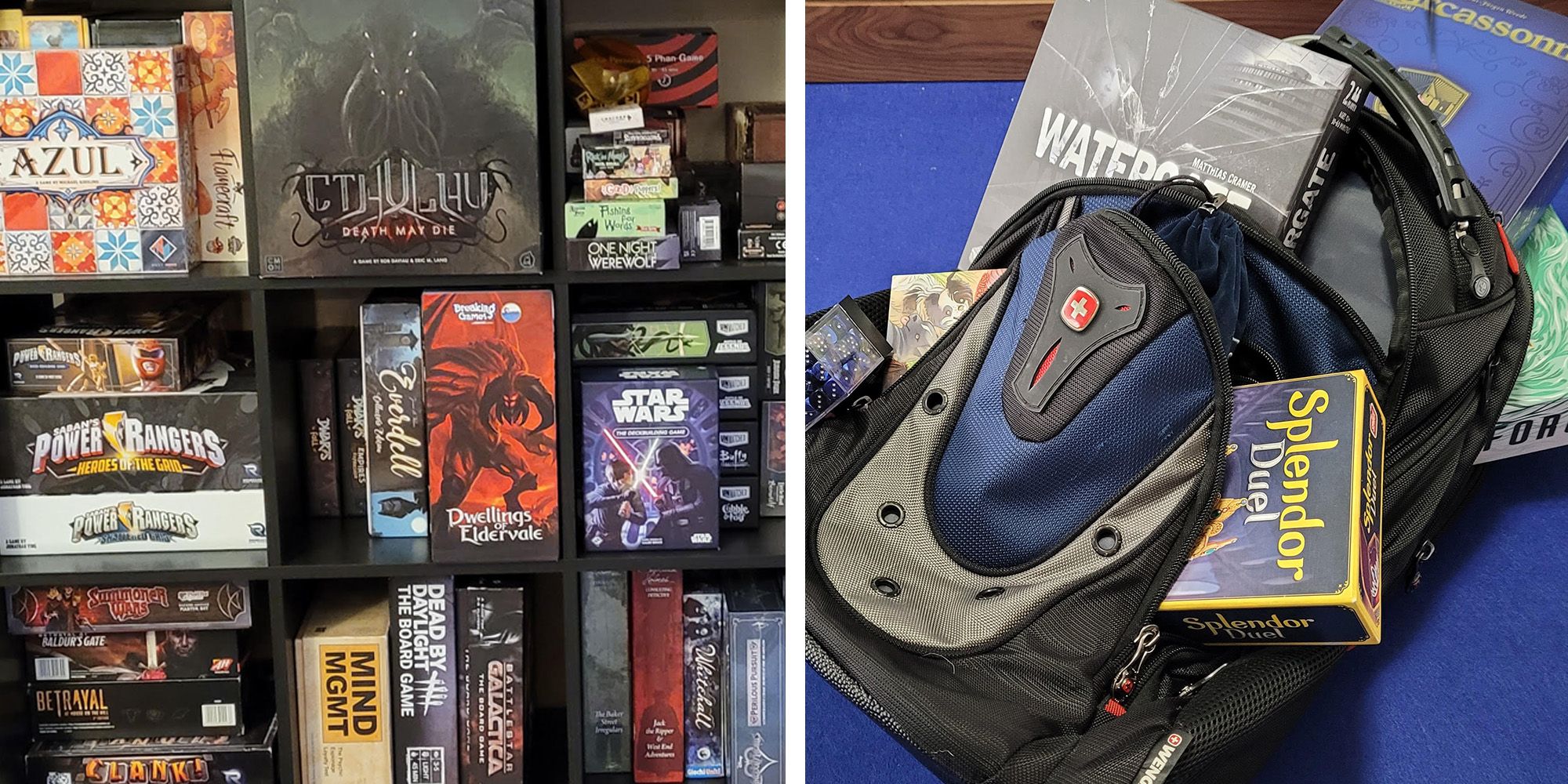 Split image shelf of board games and large backpack containing board games