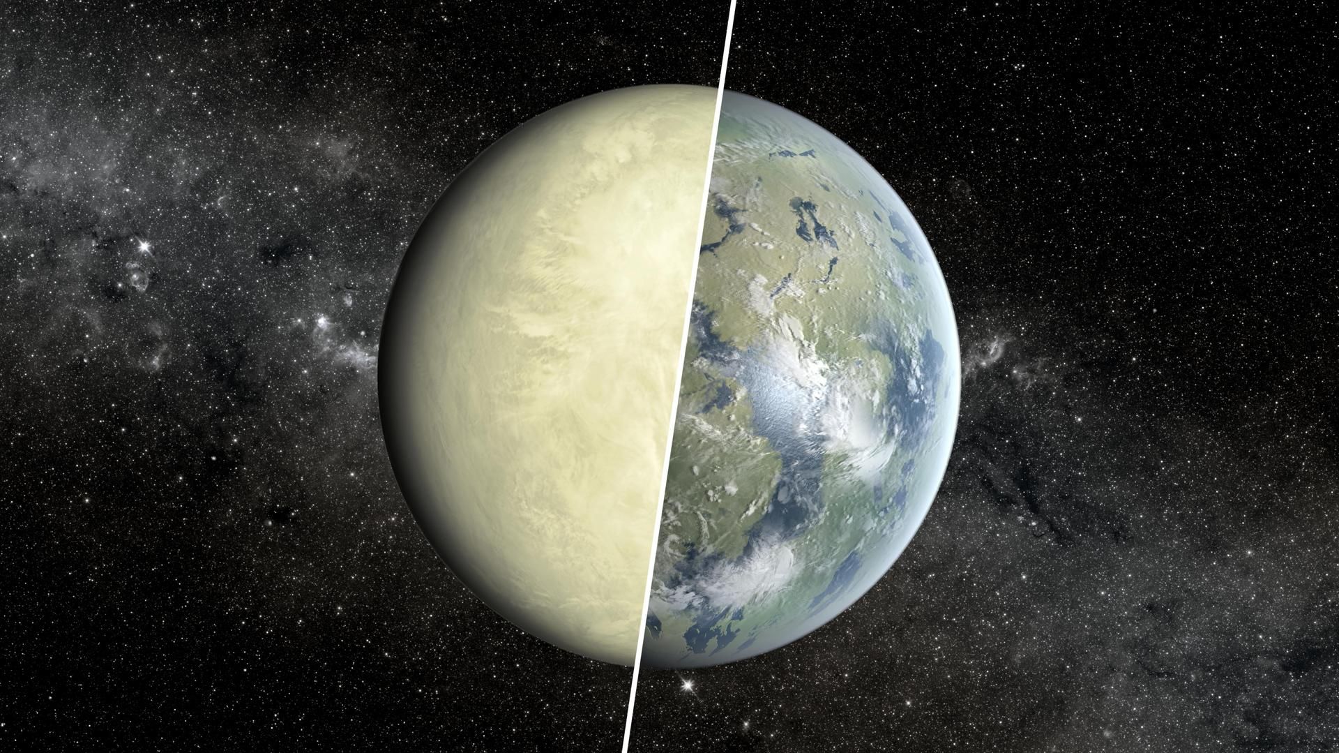 An artist concept showing a Super Venus planet on the left, and a Super Earth on the right.